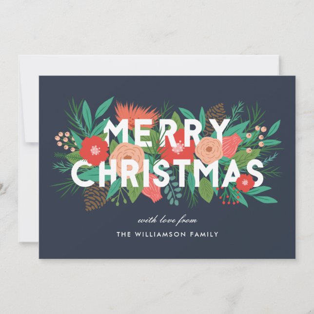 Modern Bold Floral Merry Christmas Family Name Holiday Card (Front)