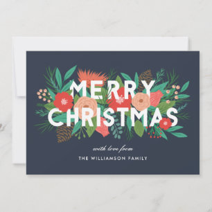 Modern Bold Floral Merry Christmas Family Name Holiday Card