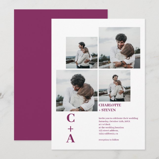 Modern bold font magenta 4 photos grid wedding invitation (Front/Back)