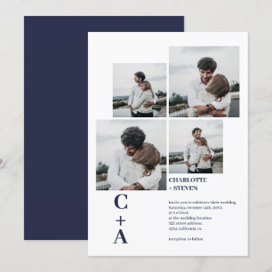 Modern bold font navy blue 4 photos grid wedding invitation