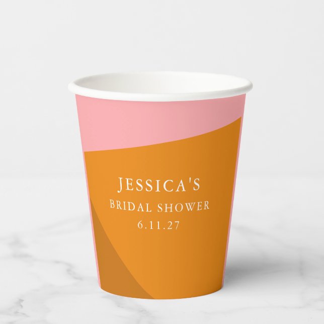 Modern Bold Geometric Pink Orange Bridal Shower Paper Cups (Front)