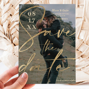 Modern bold gold foil script save the date photo postcard