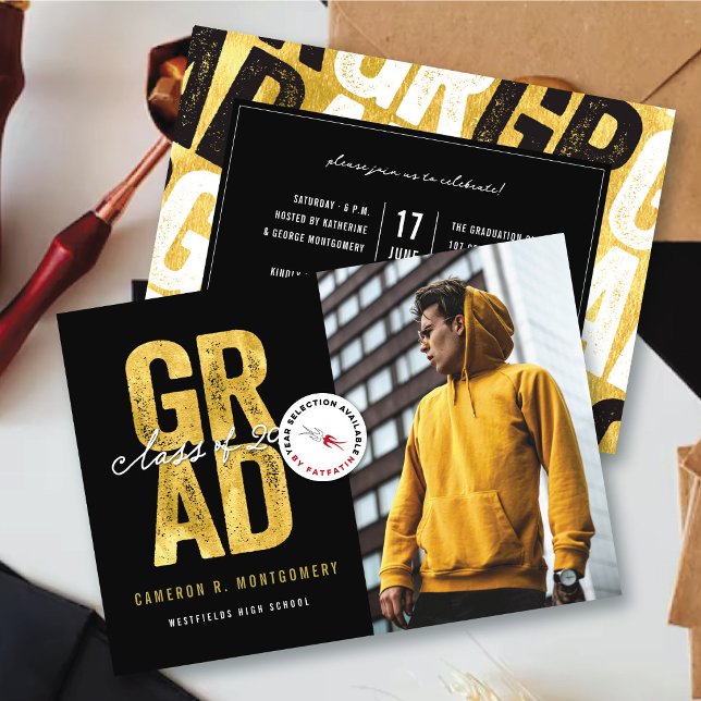 Modern Bold Gold GRAD Stylish Photo Graduation Announcement (Modern Bold Golden Faux Foil GRAD Stylish Photo Graduation Announcement @ zazzle.com/color_therapy)