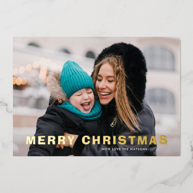 Modern bold GOLD MERRY CHRISTMAS photo Foil Holiday Card (Front)