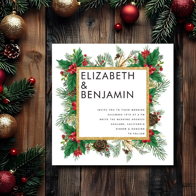 Modern Bold Gold Pine Qr Code Christmas Wedding Invitation (Creator Uploaded)