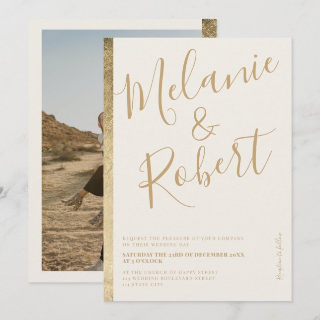 Modern bold gold stripe ivory wedding photo invitation (Front/Back)