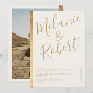Modern bold gold stripe ivory wedding photo invitation