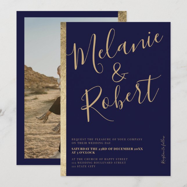 Modern bold gold stripe navy blue wedding photo invitation (Front/Back)