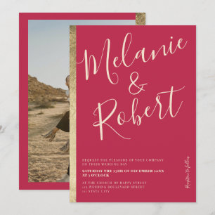 Modern bold gold stripe pink magenta wedding photo invitation