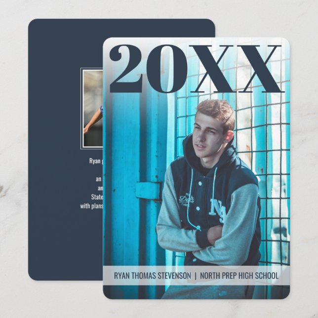 Modern Bold Graduation | Navy Blue | 2 Photo Invitation (Front/Back)