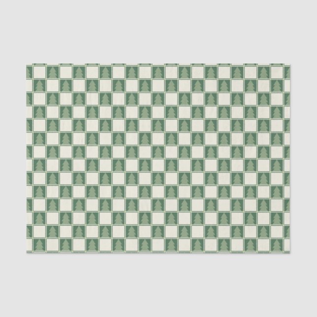 Modern Bold Green Christmas Chequered Tree Pattern Tissue Paper (Front)