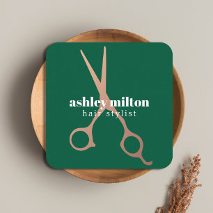 Modern Bold Green Faux Metal Scissors Hair Stylist Square Business Card