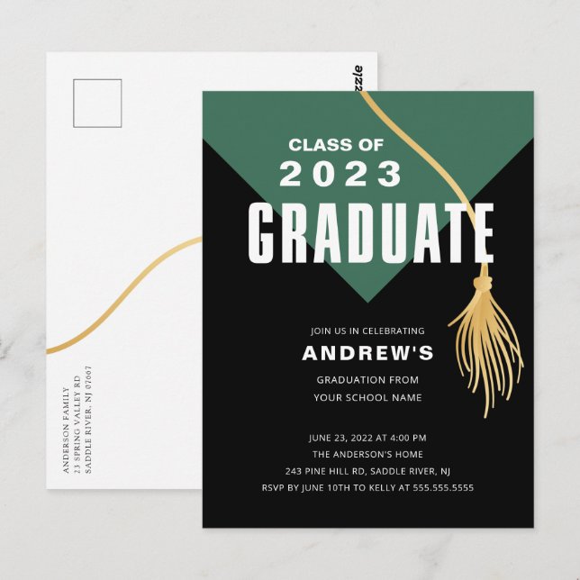 Modern Bold Green Grad Cap Graduation Postcard (Front/Back)