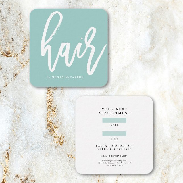 Modern Bold Hair Stylist Script Appointment Mint Square Business Card (Creator Uploaded)