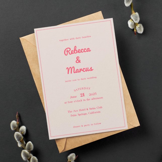 Modern Bold Hot Pink Fuchsia Retro Vibes Wedding Invitation (Creator Uploaded)