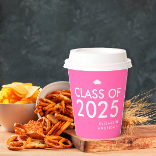 Modern Bold Hot Pink Personalised Graduation Party Paper Cups