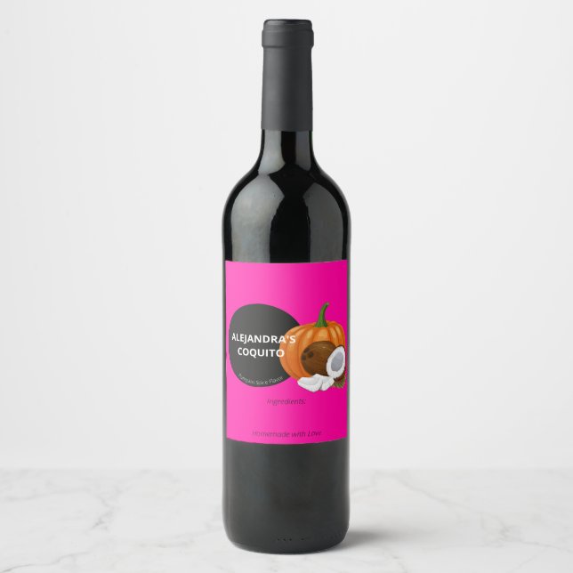 Modern Bold Hot Pink Pumpkin Spice Coquito Bottle Wine Label (Front)