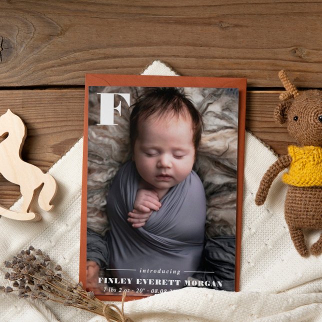 Modern Bold Initial Introducing New Baby Photo Announcement (Creator Uploaded)