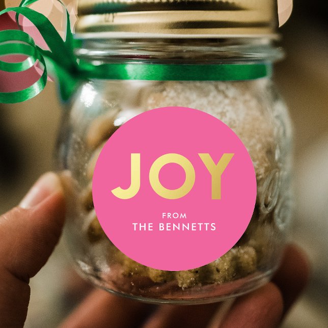 Modern Bold JOY Faux Foil Personalised Christmas Classic Round Sticker (Creator Uploaded)