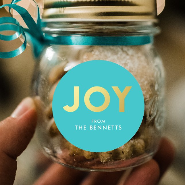 Modern Bold JOY Faux Foil Personalised Christmas Classic Round Sticker (Creator Uploaded)