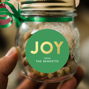 Modern Bold JOY Faux Foil Personalized Christmas Classic Round Sticker