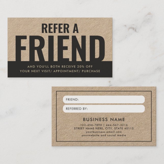 Modern Bold Kraft Paper Refer a Friend Referral Business Card (Front/Back)