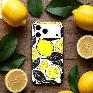 Modern Bold Lemon & Black Leaves Seamless Pattern