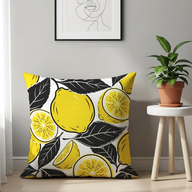 Modern Bold Lemon & Black Leaves  Seamless Pattern Cushion (Creator Uploaded)