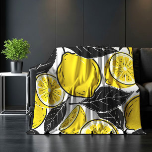 Modern Bold Lemon & Black Leaves Seamless Pattern Fleece Blanket