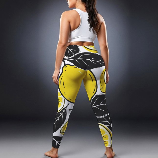 Modern Bold Lemon & Black Leaves  Seamless Pattern Leggings (Creator Uploaded)