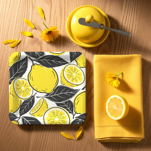 Modern Bold Lemon & Black Leaves Seamless Pattern Paper Plate