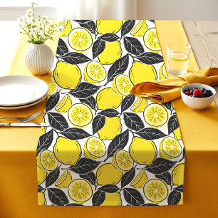 Modern Bold Lemon & Black Leaves Seamless Pattern Short Table Runner