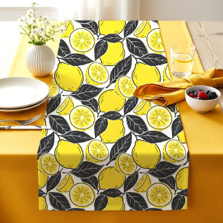 Modern Bold Lemon & Black Leaves Seamless Pattern Short Table Runner