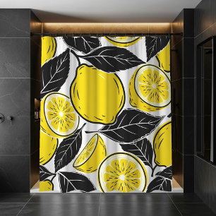 Modern Bold Lemon & Black Leaves Seamless Pattern Shower Curtain