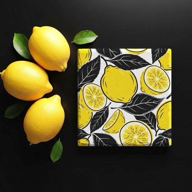 Modern Bold Lemon & Black Leaves  Seamless Pattern Stone Coaster (Creator Uploaded)