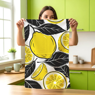 Modern Bold Lemon & Black Leaves  Seamless Pattern Tea Towel