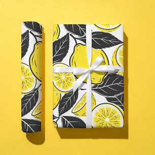 Modern Bold Lemon & Black Leaves  Seamless Pattern Wrapping Paper