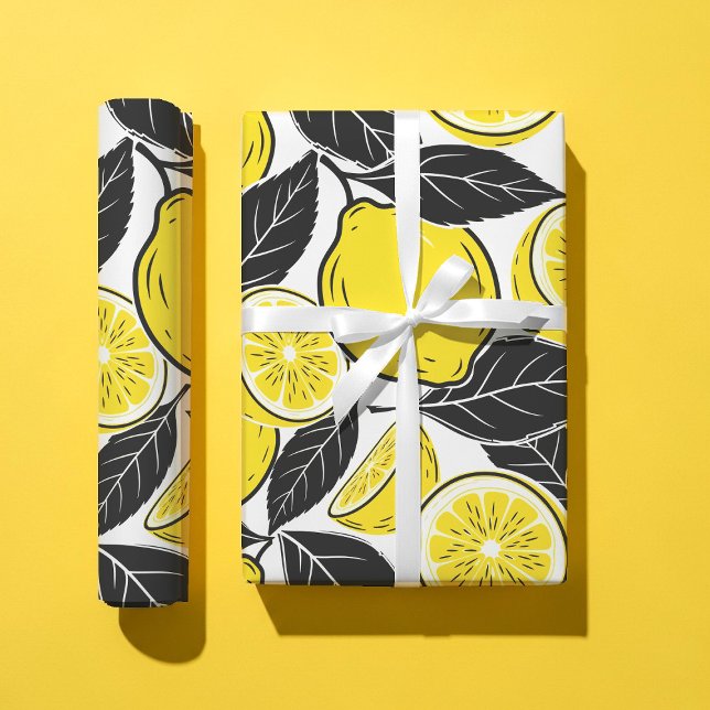 Modern Bold Lemon & Black Leaves  Seamless Pattern Wrapping Paper (Creator Uploaded)