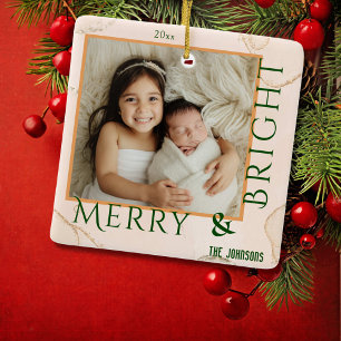 Modern bold Merry & Bright 1 photo Christmas Ceramic Ornament