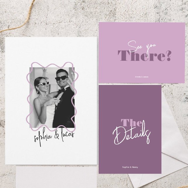 modern bold Minimal Lavender & lilac Wavy Wedding Invitation (Creator Uploaded)