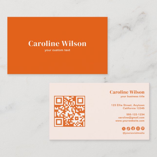 Modern Bold Minimal Orange QR Code Social Media Business Card (Front/Back)