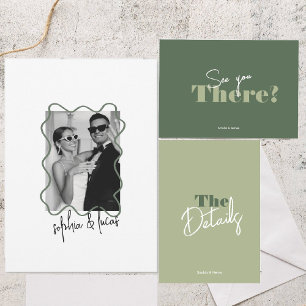 modern bold Minimal sage green Wavy Wedding Invitation