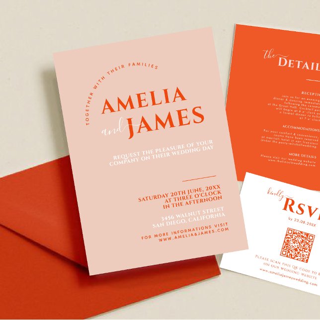 Modern Bold Minimalist orange and Pink Wedding Invitation (Creator Uploaded)