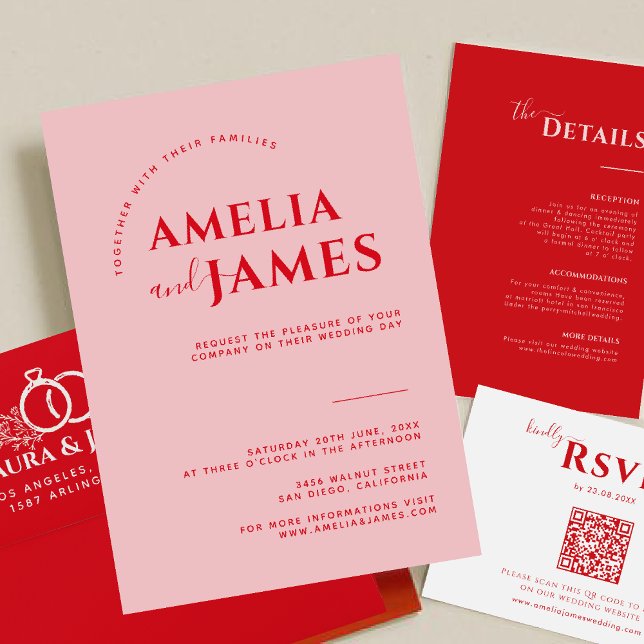 Modern Bold Minimalist Red and Pink Wedding Invitation (Creator Uploaded)