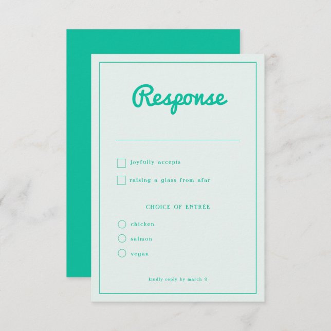 Modern Bold Mint Green Retro Wedding RSVP Card (Front/Back)