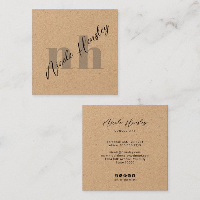 Modern Bold Monogram Minimalist Rustic Kraft Square Business Card (Front/Back)