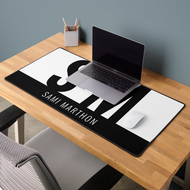 Modern Bold Monogram Script Black & White  Desk Mat (Creator Uploaded)