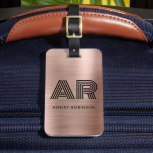 Modern Bold Monogram Two Initial Rose Gold Metal Luggage Tag