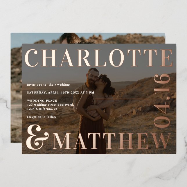 Modern bold names 2 photos overlay wedding rose (Front/Back)