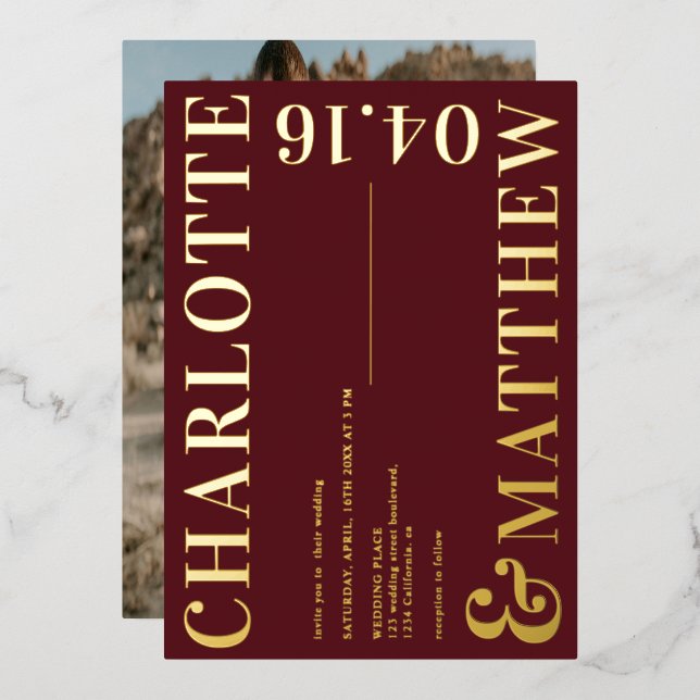 Modern bold names burgundy photo wedding gold (Front/Back)
